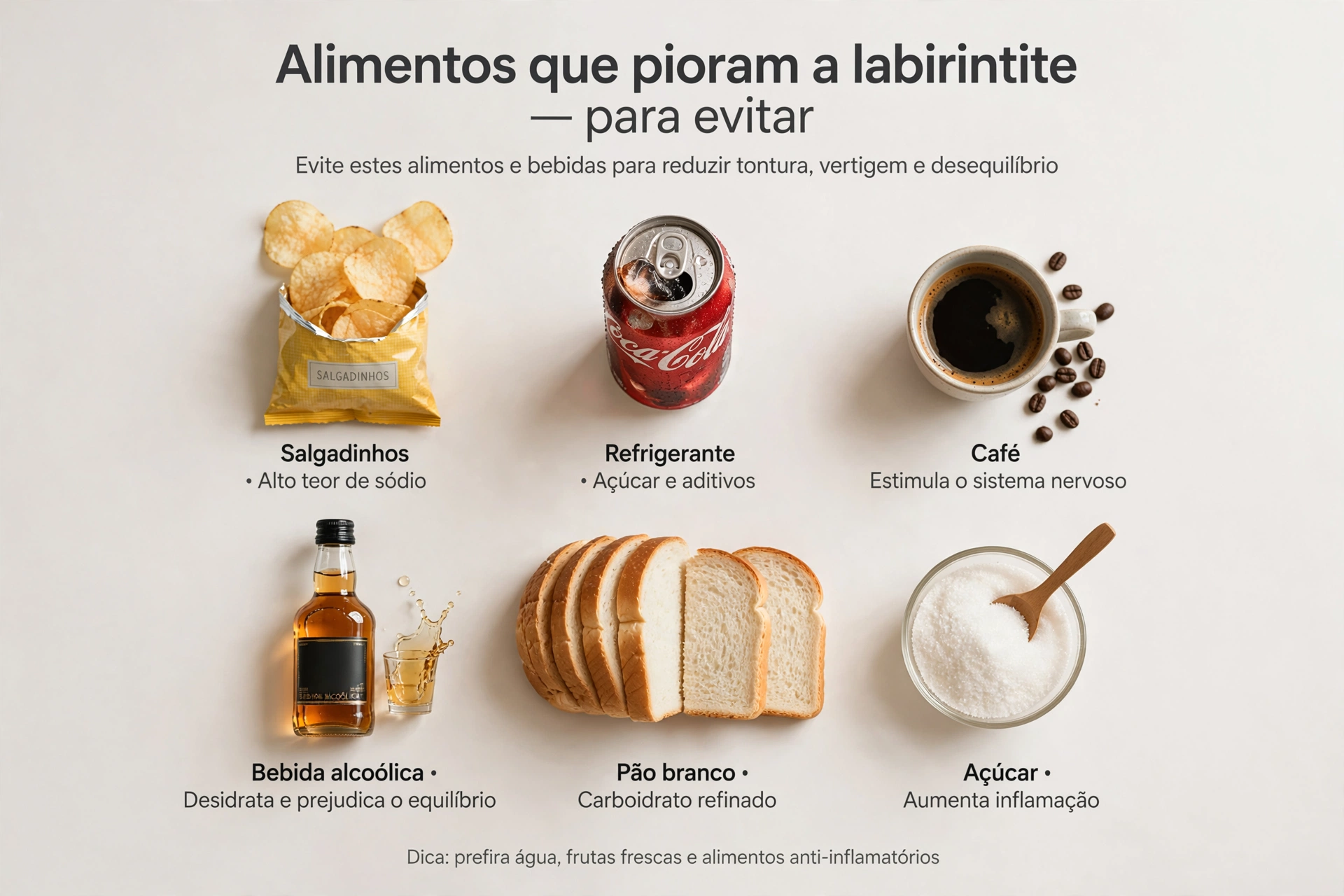 Infográfico com 6 alimentos e bebidas que devem ser evitados por quem tem labirintite para reduzir tontura, vertigem e zumbido, incluindo salgadinhos, refrigerante, café, álcool, pão branco e açúcar

