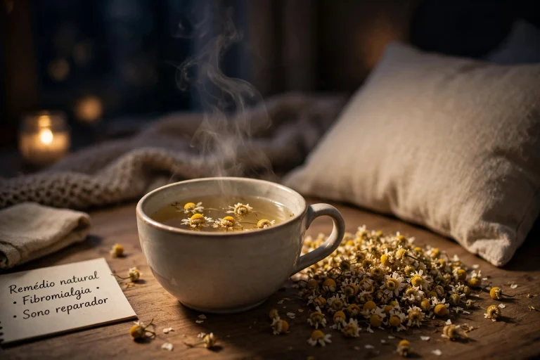 xícara de chá de camomila com flores secas para dormir com fibromialgia
