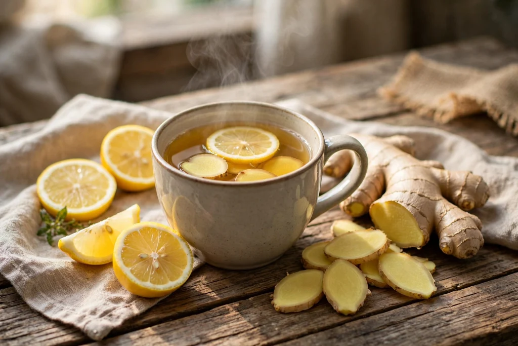 xícara de chá de gengibre com raiz fresca e limão para aliviar dor da fibromialgia