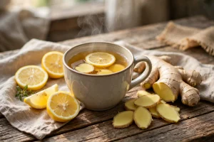 xícara de chá de gengibre com raiz fresca e limão para aliviar dor da fibromialgia