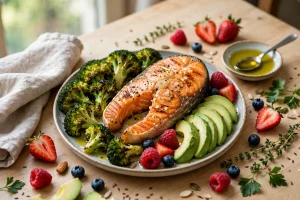 dieta anti-inflamatória para fibromialgia prato salmão brócolis abacate