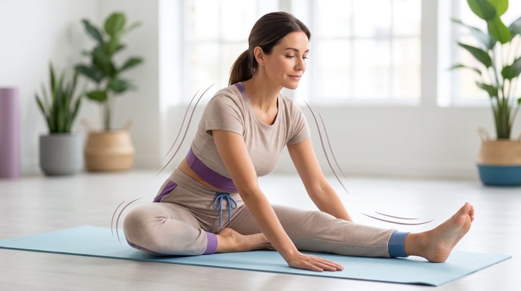 Pessoa realizando exercícios suaves de alongamento para aliviar os sintomas da fibromialgia.