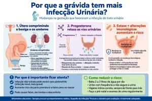 Infográfico em português explicando por que grávida tem mais infecção urinária útero comprimindo bexiga e progesterona relaxando vias
