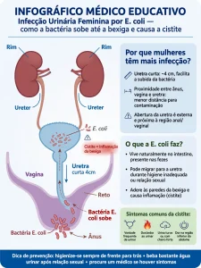 Infográfico em português mostrando como a bactéria E. coli sobe do ânus para a uretra curta feminina de 4cm até a bexiga causando cistite