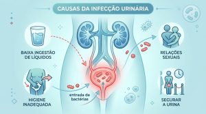 Ilustração médica sobre as principais causas e fatores de risco da infecção urinária