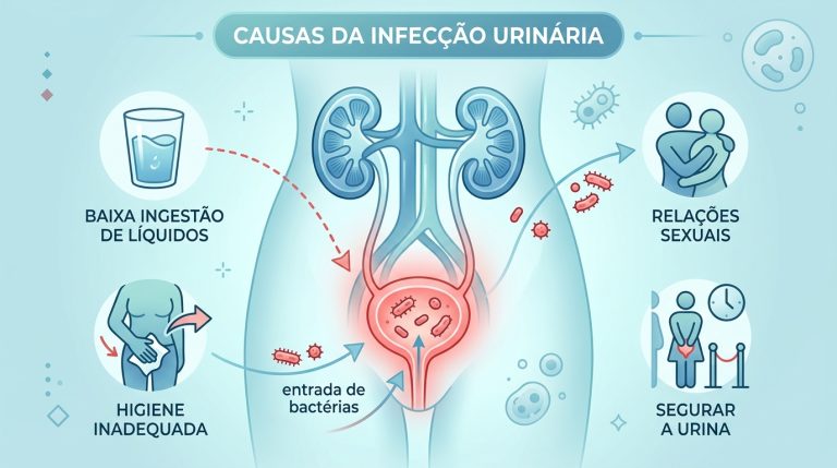 Ilustração médica sobre as principais causas e fatores de risco da infecção urinária