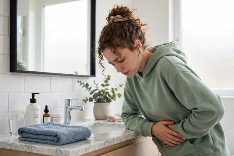 Mulher com dor no baixo ventre sintoma de infecção urinária no banheiro