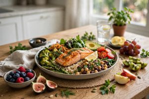Alimentação saudável com refeição equilibrada e alimentos variados