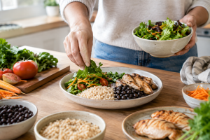 Refeição equilibrada com arroz, feijão, frango, legumes e salada