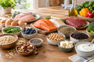 Variedade de alimentos sobre mesa de cozinha: ovos, frango, peixe, carne magra, feijão, lentilha, grão-de-bico, tofu, iogurte natural, aveia e castanhas — transmitindo equilíbrio, sem sugerir consumo conjunto.