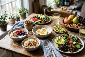Alimentos que aumentam a saciedade, como ovos, aveia, abacate, feijão, frutas, castanhas e vegetais