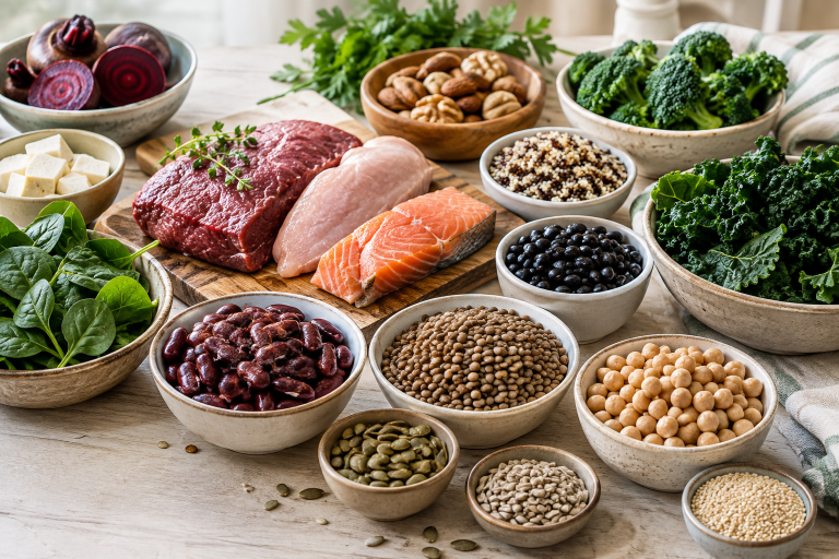 Composição variada sobre mesa clara: carnes magras, feijão, lentilhas, grão-de-bico, folhas verde-escuras e sementes, transmitindo variedade e equilíbrio.