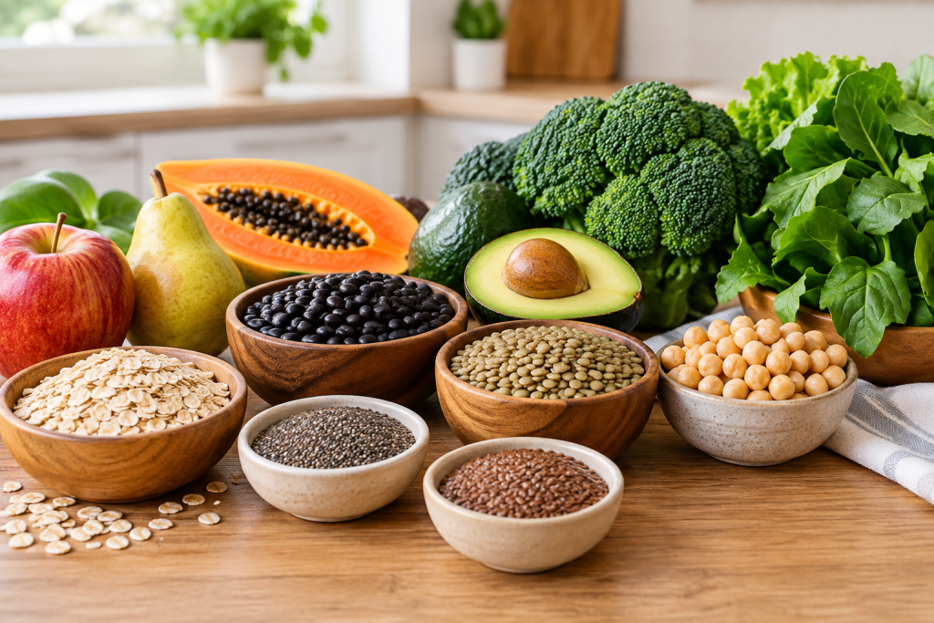 Mesa de alimentação saudável brasileira com aveia, chia, linhaça, feijão, lentilha, grão-de-bico, abacate, frutas e brócolis, em cozinha residencial elegante.
