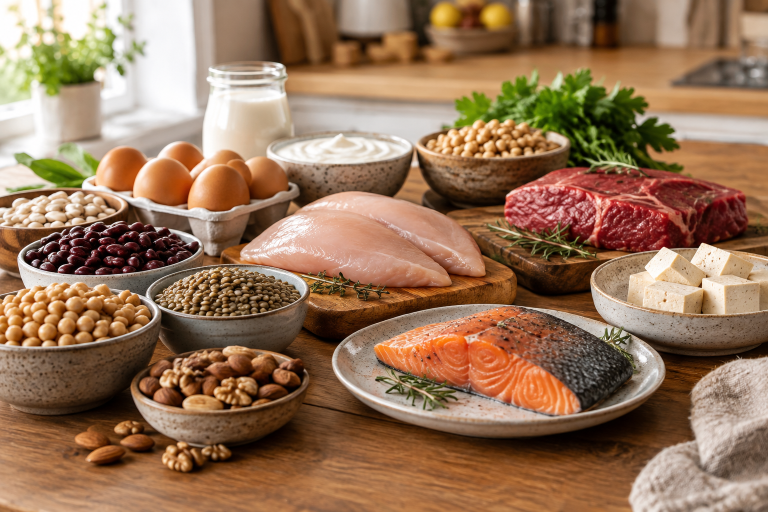 Composição ampla com ovos, frango, peixe, carne bovina magra, leite/iogurte, feijão, lentilha, grão-de-bico, tofu e castanhas sobre mesa de cozinha, com profundidade de campo suave e elementos desfocados ao fundo.