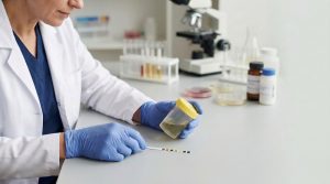 Profissional de saúde analisando amostra de urina em laboratório.