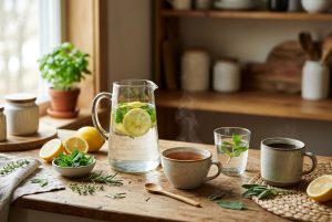 Bancada de cozinha com água com limão e hortelã, chá, água e café