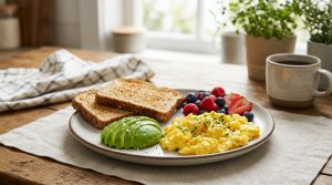 Ovos acompanhados de pão integral, abacate e frutas frescas no café da manhã
