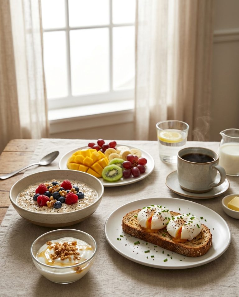 Mesa com opções variadas de café da manhã saudável, incluindo ovos, frutas, aveia e pão integral