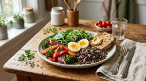 Prato equilibrado com alimentos ricos em fibras e proteínas para aumentar a saciedade