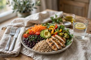 Prato saudável com vegetais, proteínas e alimentos integrais