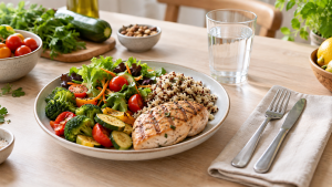 Refeição equilibrada com porções adequadas para uma alimentação saudável Local no artigo: Imagem destacada (featured image), logo após o título/introdução