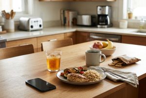 Mesa com alimentos, bebidas e elementos que representam hábitos relacionados ao ganho de peso