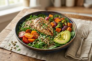 Ideia de jantar saudável e prático com alimentos naturais e variados