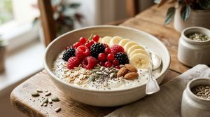 Tigela de iogurte natural com frutas vermelhas, banana, aveia e sementes