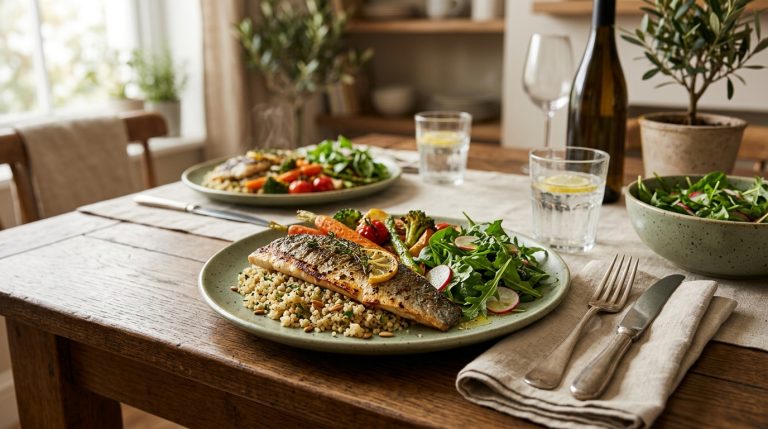Jantar saudável e equilibrado com proteína, legumes e acompanhamento