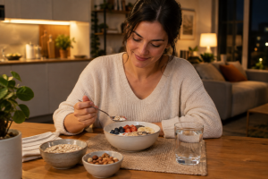 Lanche noturno saudável com frutas, iogurte e aveia