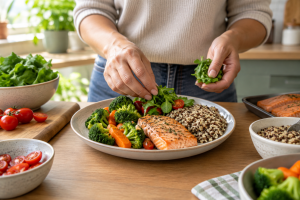 Pessoa montando um prato equilibrado com alimentos saudáveis
