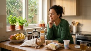 Mulher adulta refletindo sobre possíveis causas do ganho de peso enquanto observa alimentos na cozinha
