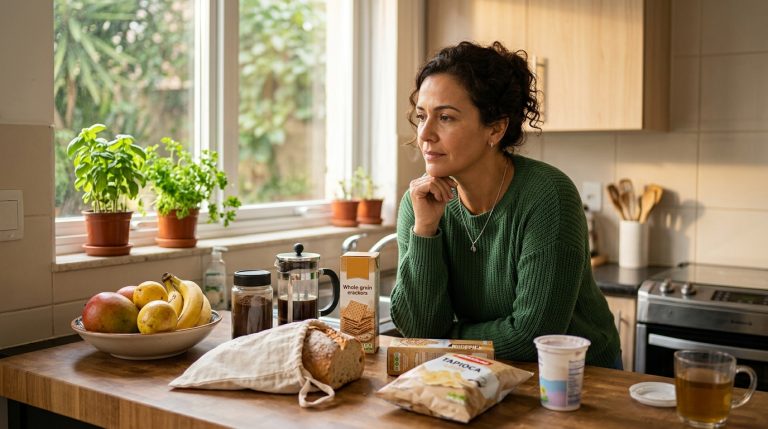 Mulher adulta refletindo sobre possíveis causas do ganho de peso enquanto observa alimentos na cozinha