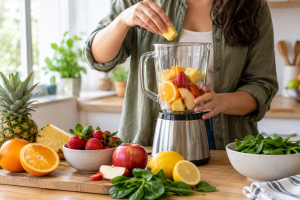 Pessoa preparando suco natural com frutas frescas em casa