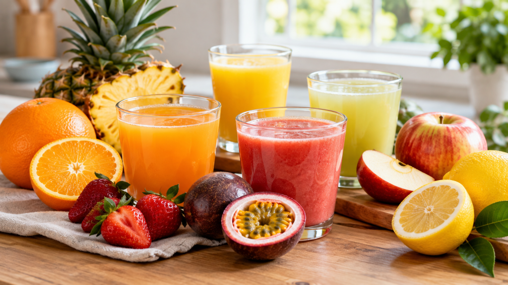 Diferentes opções de sucos naturais preparados com frutas frescas Local no artigo: Imagem destacada