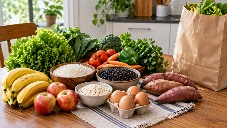 Alimentação saudável gastando pouco com arroz, feijão, ovos, legumes e frutas Mesa de cozinha brasileira com arroz, feijão, ovos, legumes da estação, verduras, bananas, maçãs, aveia e batata-doce, com sacola simples de compras ao lado — sugerindo economia e planejamento.