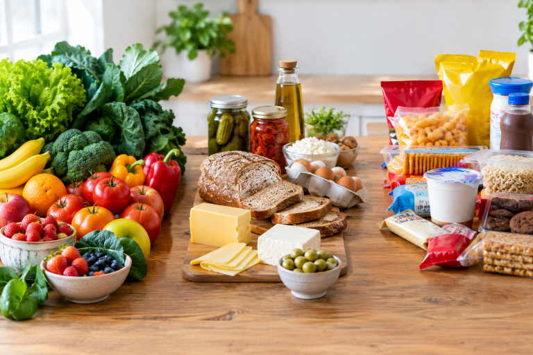 Alimentos in natura, processados e ultraprocessados Composição educativa com as três categorias lado a lado: frutas, verduras e legumes frescos; queijo, pão e conservas; e produtos ultraprocessados embalados.