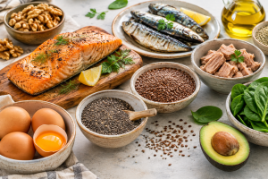 Alimentos ricos em ômega-3, como salmão, sardinha, chia e linhaça Composição geral com salmão assado, sardinha, atum, ovos, chia, linhaça e nozes sobre mesa clara — luz natural e aparência convidativa.