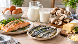 Alimentos ricos em vitamina D, como salmão, sardinha, ovos e cogumelos