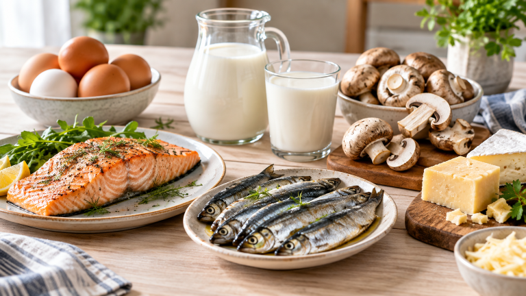 Alimentos ricos em vitamina D, como salmão, sardinha, ovos e cogumelos