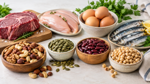 Alimentos ricos em zinco, como carnes, ovos, castanhas e sementes Mesa de cozinha clara com carne bovina, frango, ovos, sardinha, castanhas, sementes de abóbora, feijão e grão-de-bico — composição natural e apetitosa.