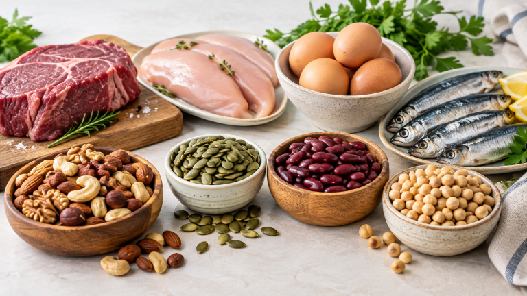 Alimentos ricos em zinco, como carnes, ovos, castanhas e sementes Mesa de cozinha clara com carne bovina, frango, ovos, sardinha, castanhas, sementes de abóbora, feijão e grão-de-bico — composição natural e apetitosa.