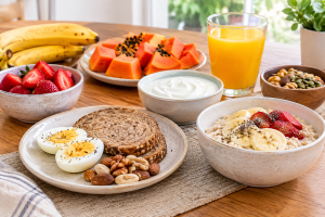 Alimentos saudáveis para o café da manhã Mesa de cozinha brasileira com café da manhã variado: banana, mamão, morangos, ovos, aveia, iogurte natural, pão integral e castanhas — apresentação caseira e apetitosa.
