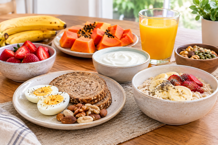 Alimentos saudáveis para o café da manhã Mesa de cozinha brasileira com café da manhã variado: banana, mamão, morangos, ovos, aveia, iogurte natural, pão integral e castanhas — apresentação caseira e apetitosa.