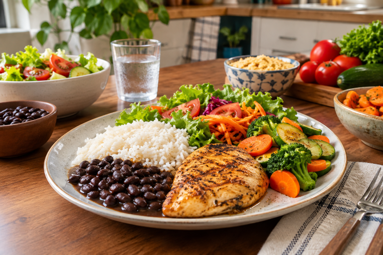 Alimentos saudáveis para o almoço Prato com arroz, feijão, frango grelhado, legumes variados e salada fresca sobre mesa de cozinha brasileira — aparência caseira e apetitosa.