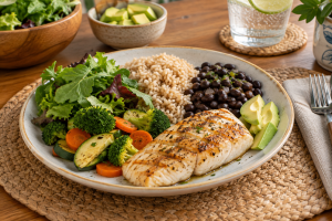 Alimentos saudáveis para o jantar Mesa de jantar brasileira com peixe grelhado, arroz integral, feijão, legumes variados, folhas verdes e abacate — ambiente doméstico moderno e acolhedor.