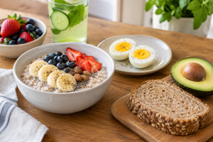 Café da manhã equilibrado com frutas, ovos, aveia e pão integral