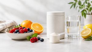 suplemento de colágeno em pó em recipiente neutro, colher dosadora, copo de água e frutas vermelhas e cítricas em ambiente claro e contemporâneo