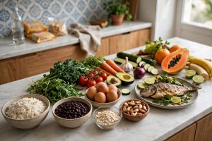 Comparação geral — arroz, feijão, peixe grelhado, ovos, frutas, aveia e castanhas em foco, refrigerante sem rótulo e biscoitos/salgadinhos discretos ao fundo