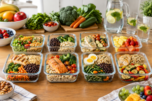 Como montar um cardápio saudável com refeições equilibradas Mesa de cozinha brasileira com cardápio organizado para vários dias: arroz integral, feijão, frango grelhado, peixe, ovos, legumes, verduras, frutas e água, em recipientes organizados.